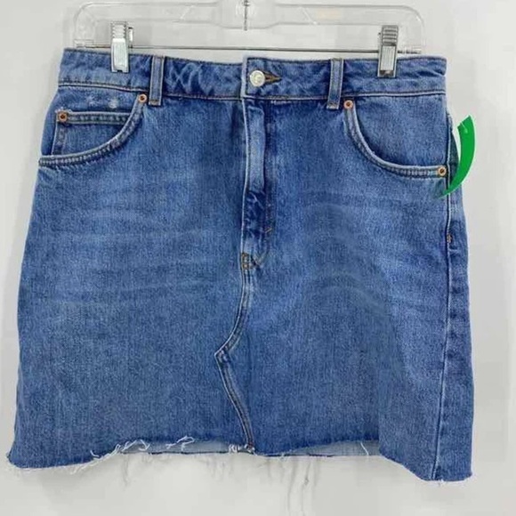 Topshop New Womens Size 8 High Waist Raw Hem Denim Mini Skirt in Mid Wash Blue - Picture 4 of 7